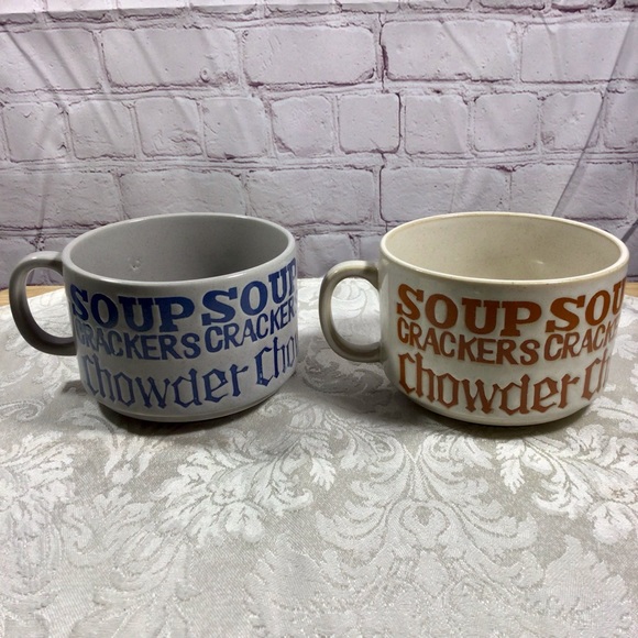 Vintage Soup Crackers Chowder Stoneware Stackable Handled Mugs - Japan